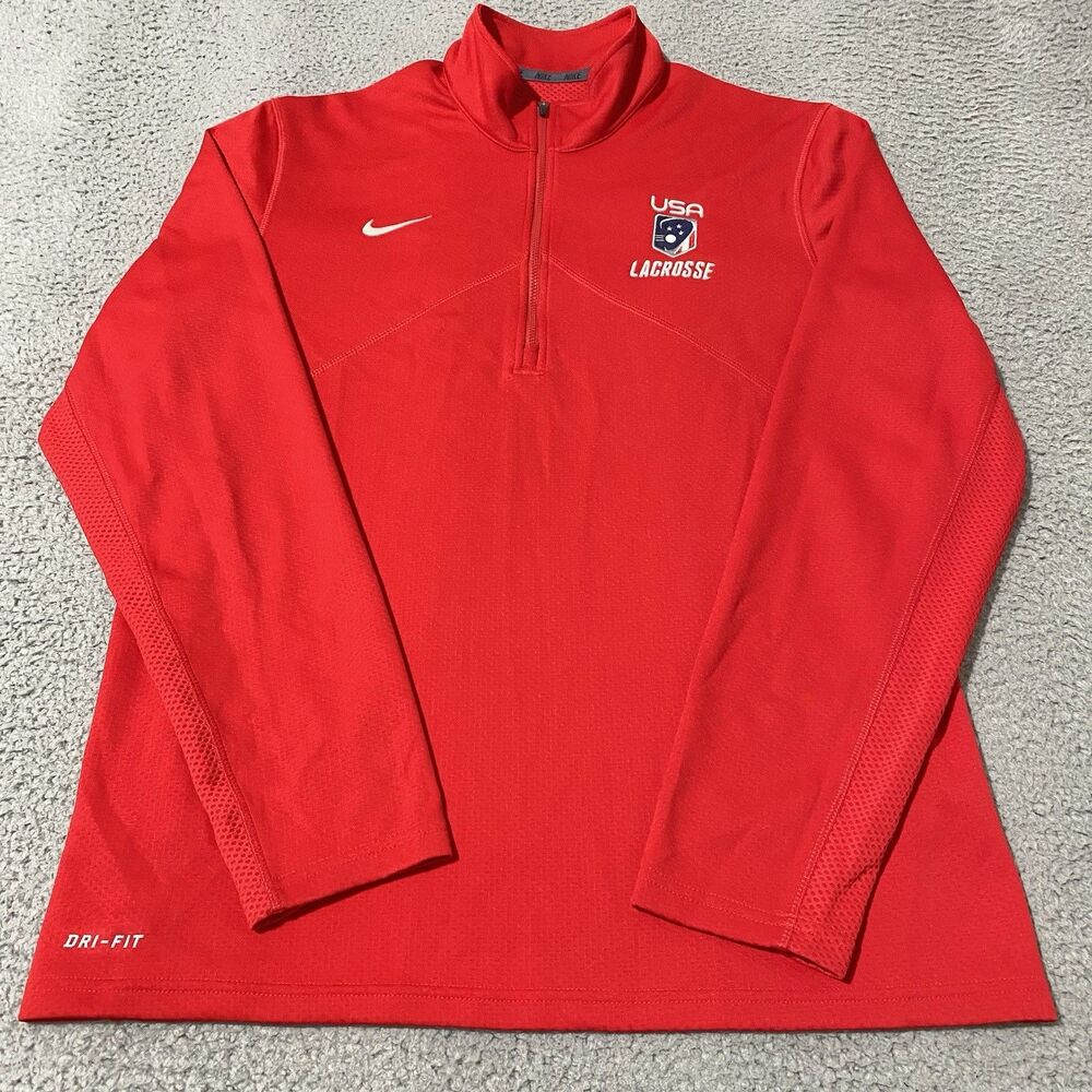 USA Lacrosse Pullover Nike Mens Medium Red 1/4 Zip Dri Fit Long Sleeve LAX Golf